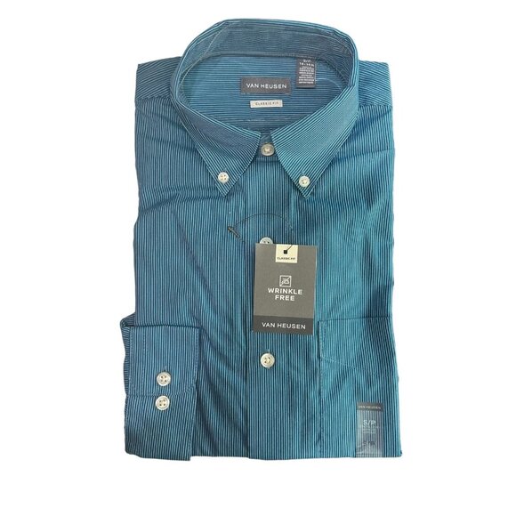 Van Heusen Men's Classic Fit Wrinkle-Free Dress Shirt Size S Teal Striped Cotton - Picture 4 of 6